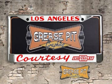 A vintage style reproduction dealership license plate frame for the Courtesy Chevrolet dealership of Los Angeles . This reproduction dealership license plate frame will look great bolted on to your Classic Chevy whether it’s a Cruiser, a Hot Rod or a Muscle Car.