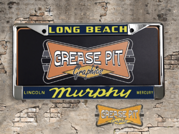 A vintage style reproduction dealership license plate frame for the Murphy Lincoln Mercury dealership of Long Beach, California. This reproduction dealership license plate frame will look great bolted on to your Classic Chevy whether it’s a Cruiser, a Hot Rod or a Muscle Car.