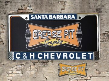 A vintage style reproduction dealership license plate frame for the C & H Chevrolet dealership of Santa Barbara, California Tribute for your Hot Rod, Vintage Classic car, or Muscle car.