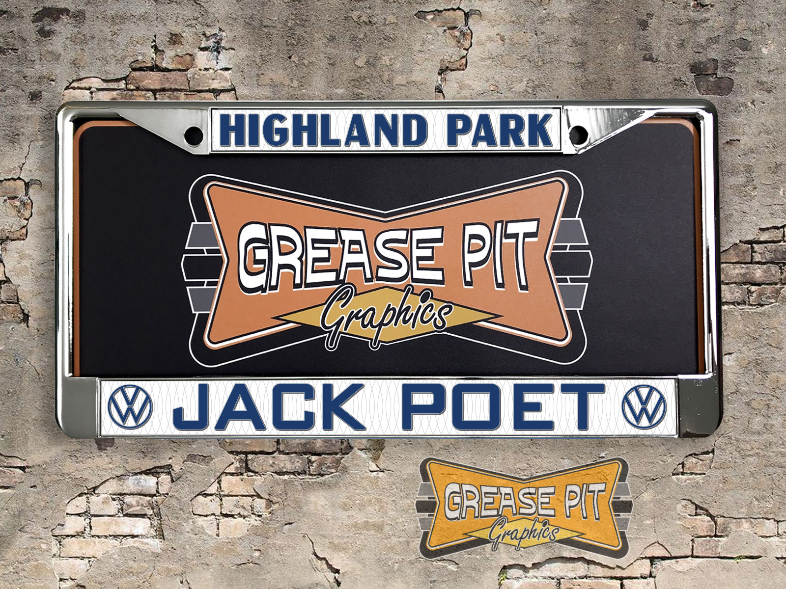 Jack Poet VW Volkswagen Highland Park License Plate Frame blue letters