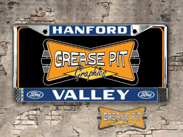 A vintage style reproduction dealer license plate frame for the Valley Ford dealership of Hanford.