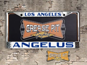 A vintage style reproduction dealer license plate frame for the Angelus Chevrolet dealership of Los Angeles California . This reproduction dealer license plate frame will look great bolted on to your Classic Chevy whether it’s a Cruiser, a Hot Rod or a Muscle Car.