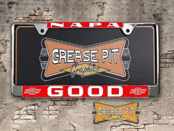 A vintage style reproduction dealer license plate frame for the Good Chevrolet dealership of Napa, California