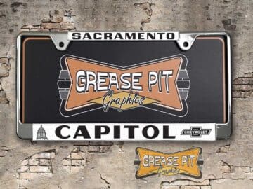 A vintage style reproduction dealer license plate frame for the Capitol Chevrolet dealership of Sacramento. This reproduction dealer license plate frame will look great bolted on to your Classic Chevy whether it’s a Cruiser, a Hot Rod or a Muscle Car.