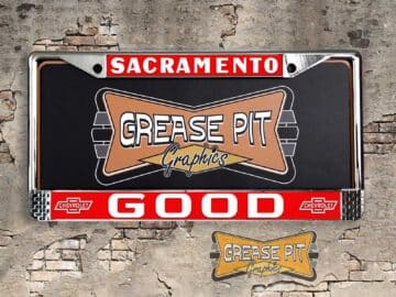 A vintage style reproduction Good Chevrolet license plate frame from the defunct dealership of Sacramento, California . This reproduction dealership license plate frame will look great bolted on to your Classic Chevy whether it’s a Cruiser, a Hot Rod or a Muscle Car.