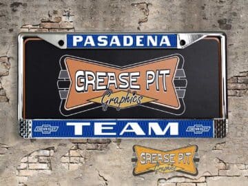 A vintage style reproduction Team Chevrolet license plate frame from the defunct dealership of Pasadena, California . This reproduction dealership license plate frame will look great bolted on to your Classic Chevy whether it’s a Cruiser, a Hot Rod or a Muscle Car.