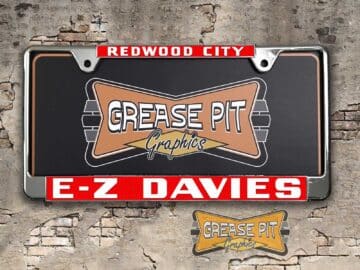 A vintage style reproduction dealership license plate frame for the E-Z Davies Chevrolet dealership of Redwood City. This reproduction dealership license plate frame will look great bolted on to your Classic Chevy whether it’s a Cruiser, a Hot Rod or a Muscle Car.