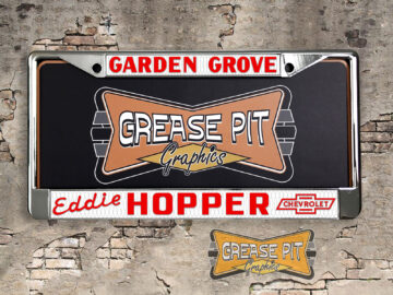 A vintage style reproduction dealership license plate frame for the Eddie Hopper Chevrolet dealership of Garden Grove. This reproduction dealership license plate frame will look great bolted on to your Classic Chevy whether it’s a Cruiser, a Hot Rod or a Muscle Car.