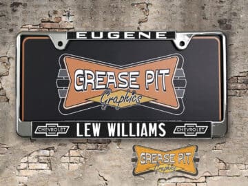 A vintage style reproduction dealership license plate frame for the Lew Williams dealership of Eugene, Oregon. This reproduction dealership license plate frame will look great bolted on to your Classic Chevy whether it’s a Cruiser, a Hot Rod or a Muscle Car.