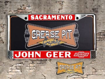 A vintage style reproduction dealership license plate frame for the John Geer Chevrolet dealership of Sacramento, California. This reproduction dealership license plate frame will look great bolted on to your Classic Chevy whether it’s a Cruiser, a Hot Rod or a Muscle Car.