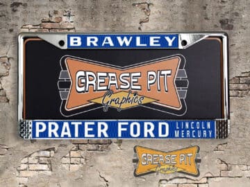 A vintage style reproduction dealership license plate frame for the Prater Ford Lincoln Mercury dealership of Brawley, California. This reproduction dealership license plate frame will look great bolted on to your Classic Chevy whether it’s a Cruiser, a Hot Rod or a Muscle Car.
